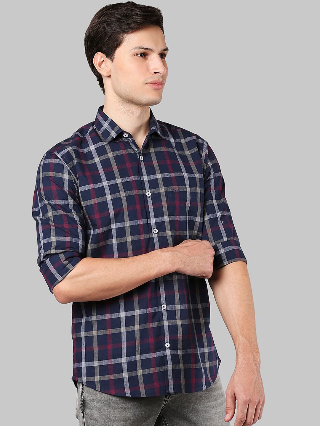 

Park Avenue Men Blue Slim Fit Tartan Checks Opaque Checked Casual Shirt