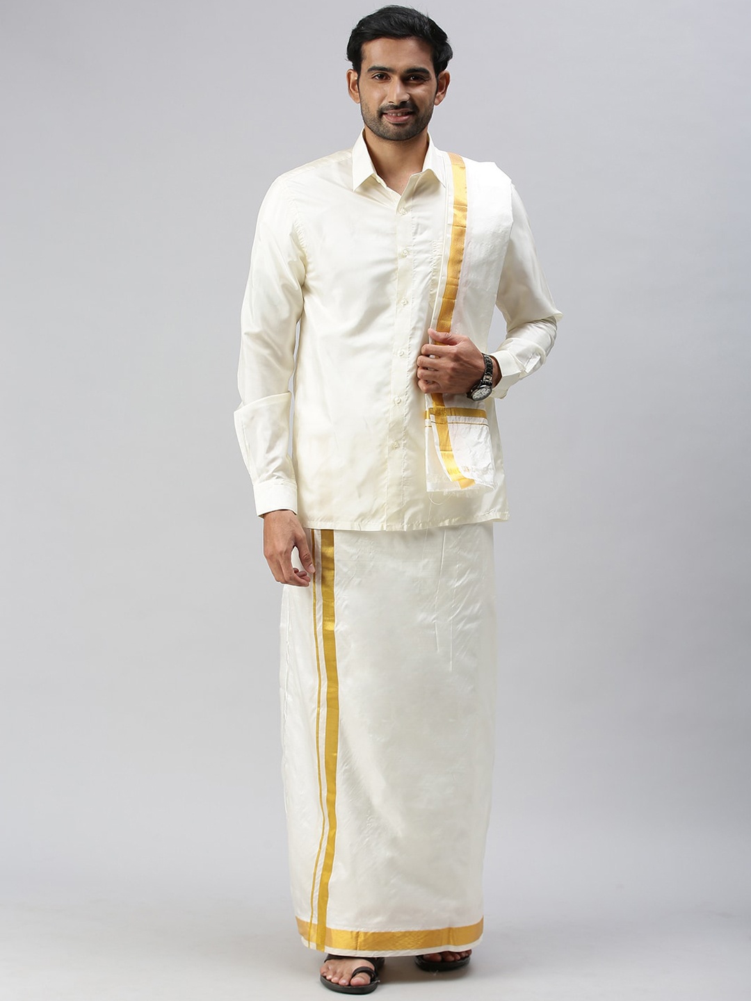 

Ramraj Mens Pure Silk Cream-Coloured Dhoti with gold zari Border
