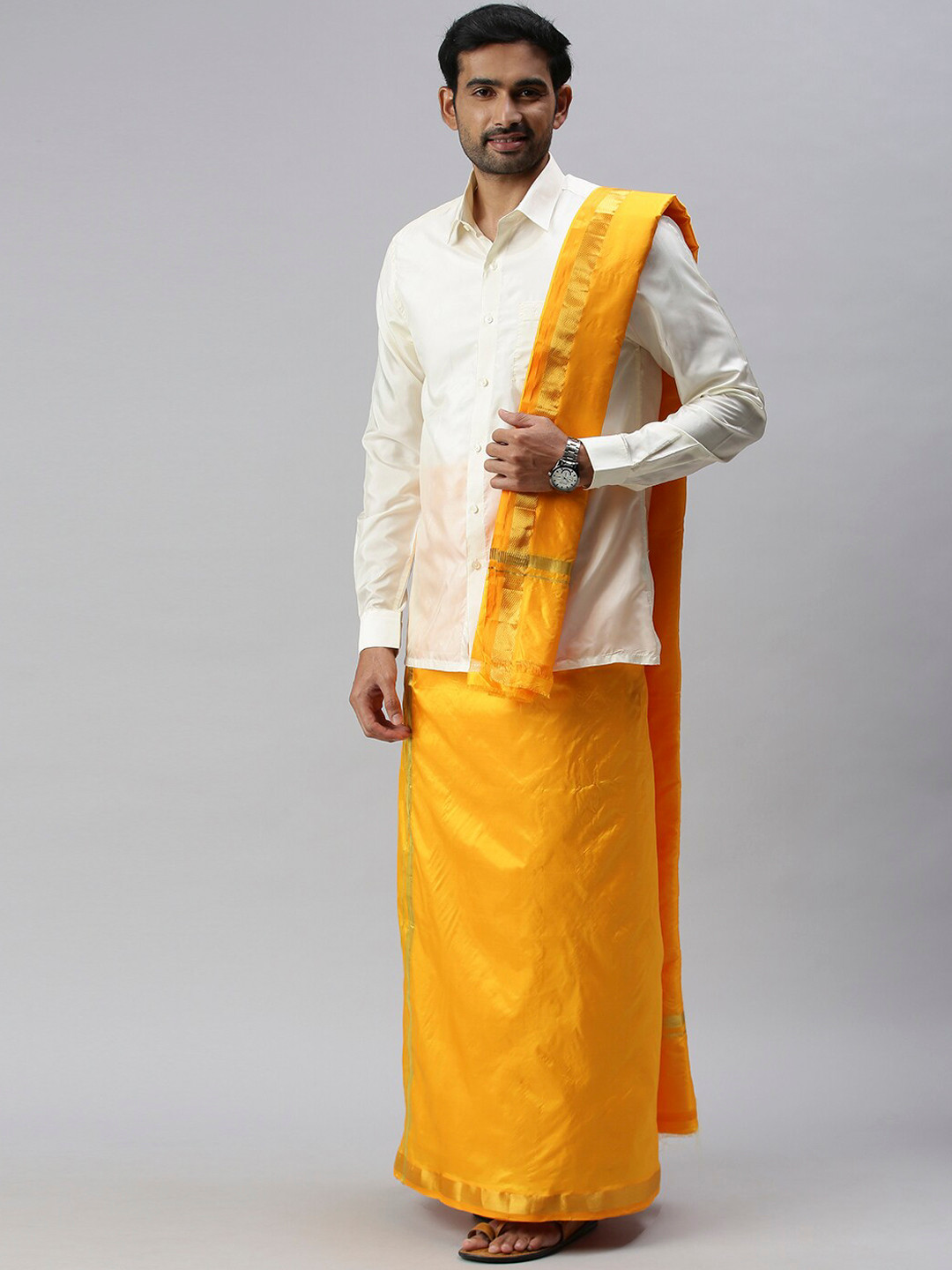 

Ramraj Men Yellow Solid Pure Silk Dhoti
