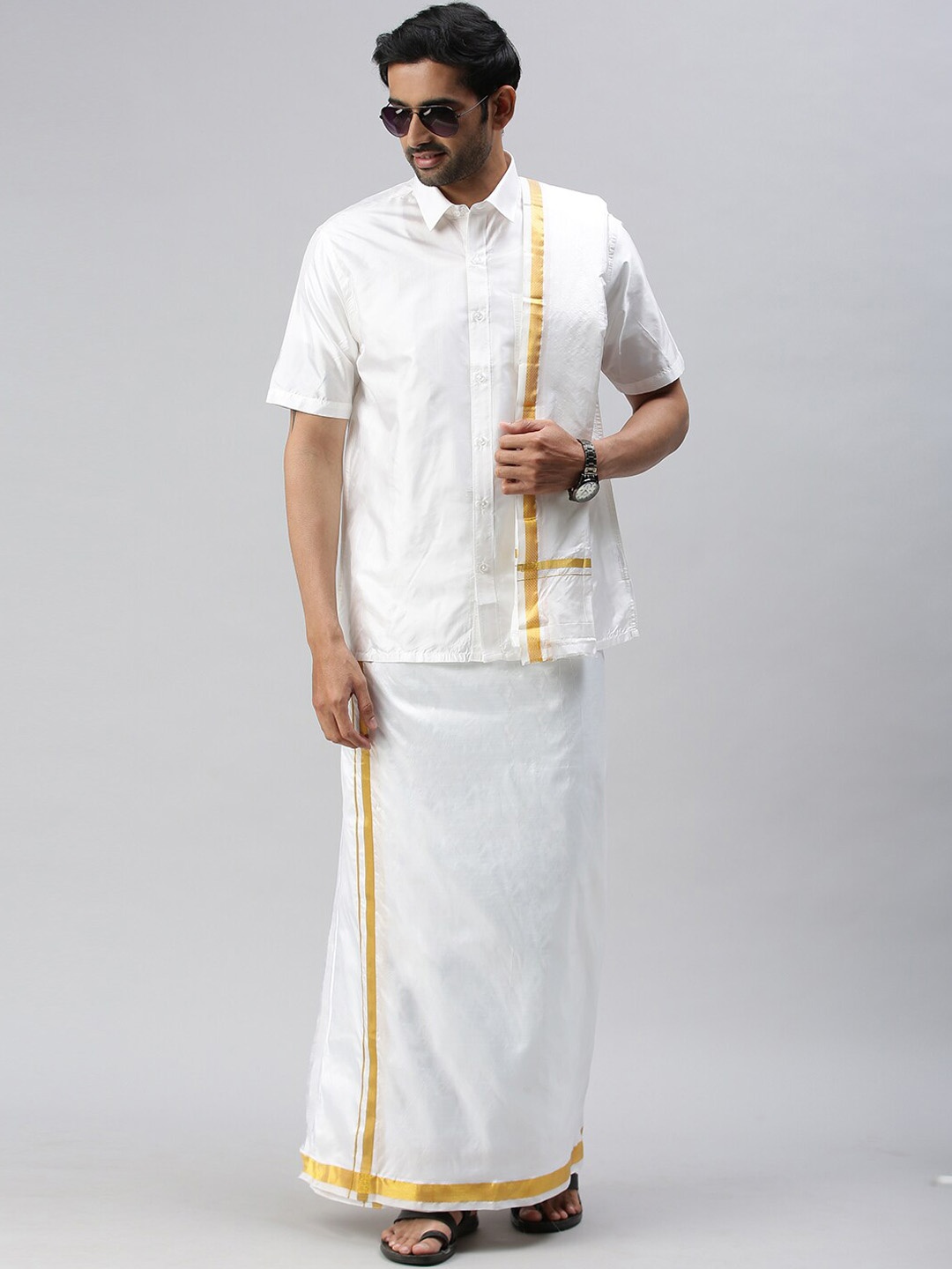 

Ramraj Men White With Gold Border Pure Silk Dhoti