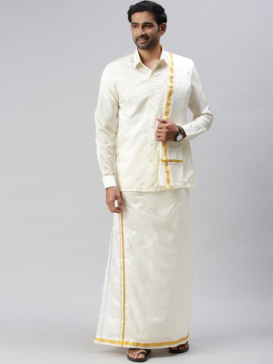 

Ramraj Mens Pure Silk Cream-Coloured Dhoti with gold zari Border & Towel