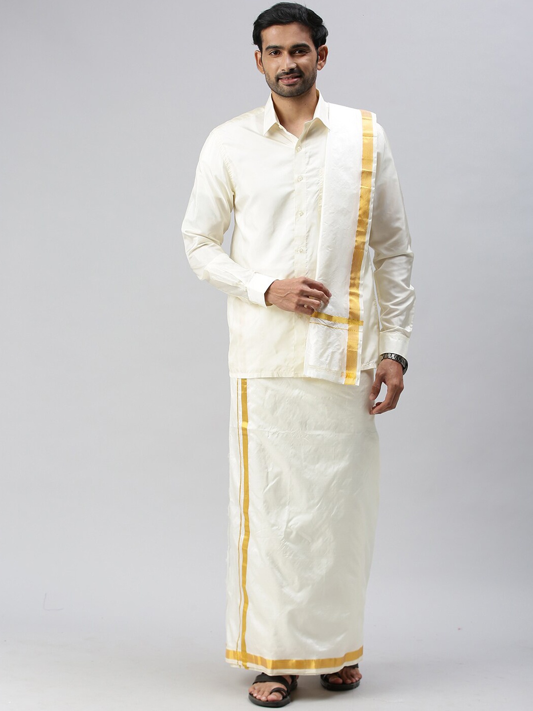 

Ramraj Mens Pure Silk Cream-Coloured Dhoti with gold zari Border & Towel
