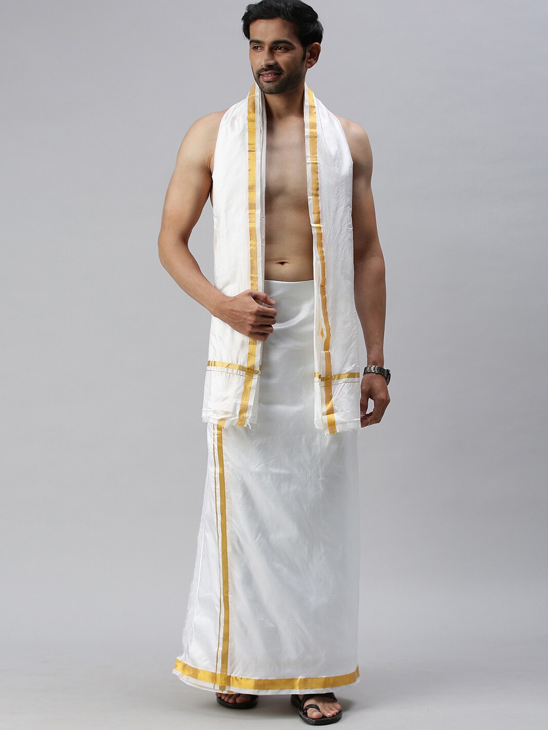 

Ramraj Mens Pure Silk Cream-Coloured Dhoti with gold zari Border & Towel
