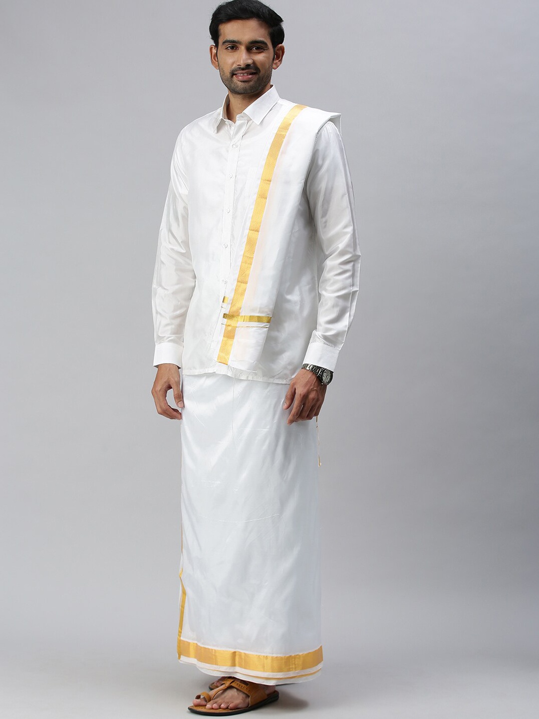 

Ramraj Mens Pure Silk White Dhoti with gold zari Border