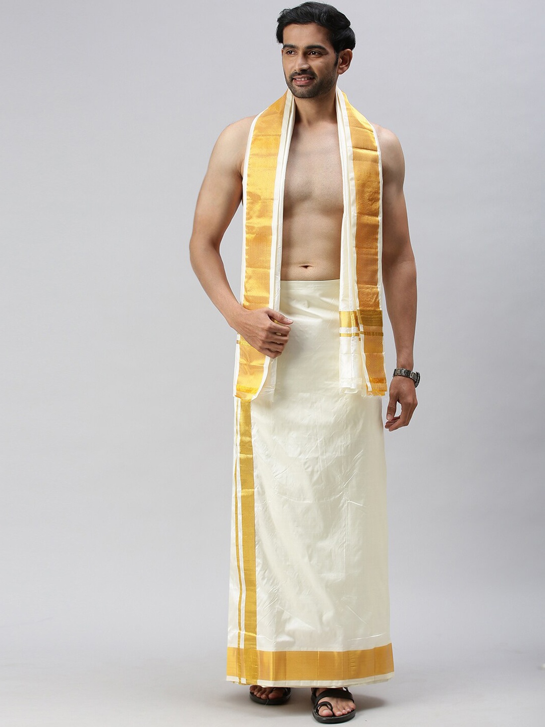 

Ramraj Mens Pure Silk Cream-Coloured Dhoti with gold zari Border & Towel