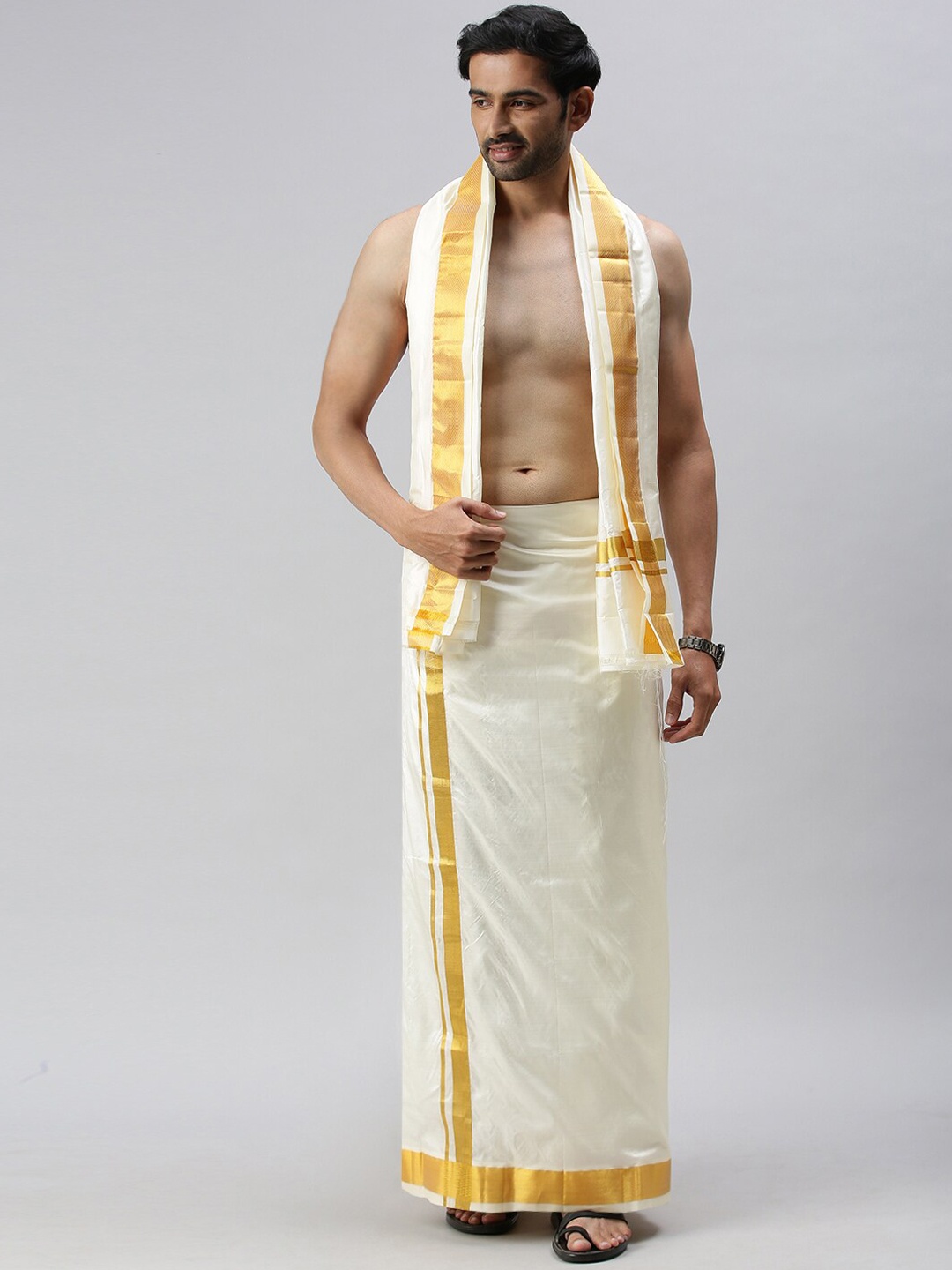

Ramraj Mens Pure Silk Cream-Coloured Dhoti with gold zari Border & Towel