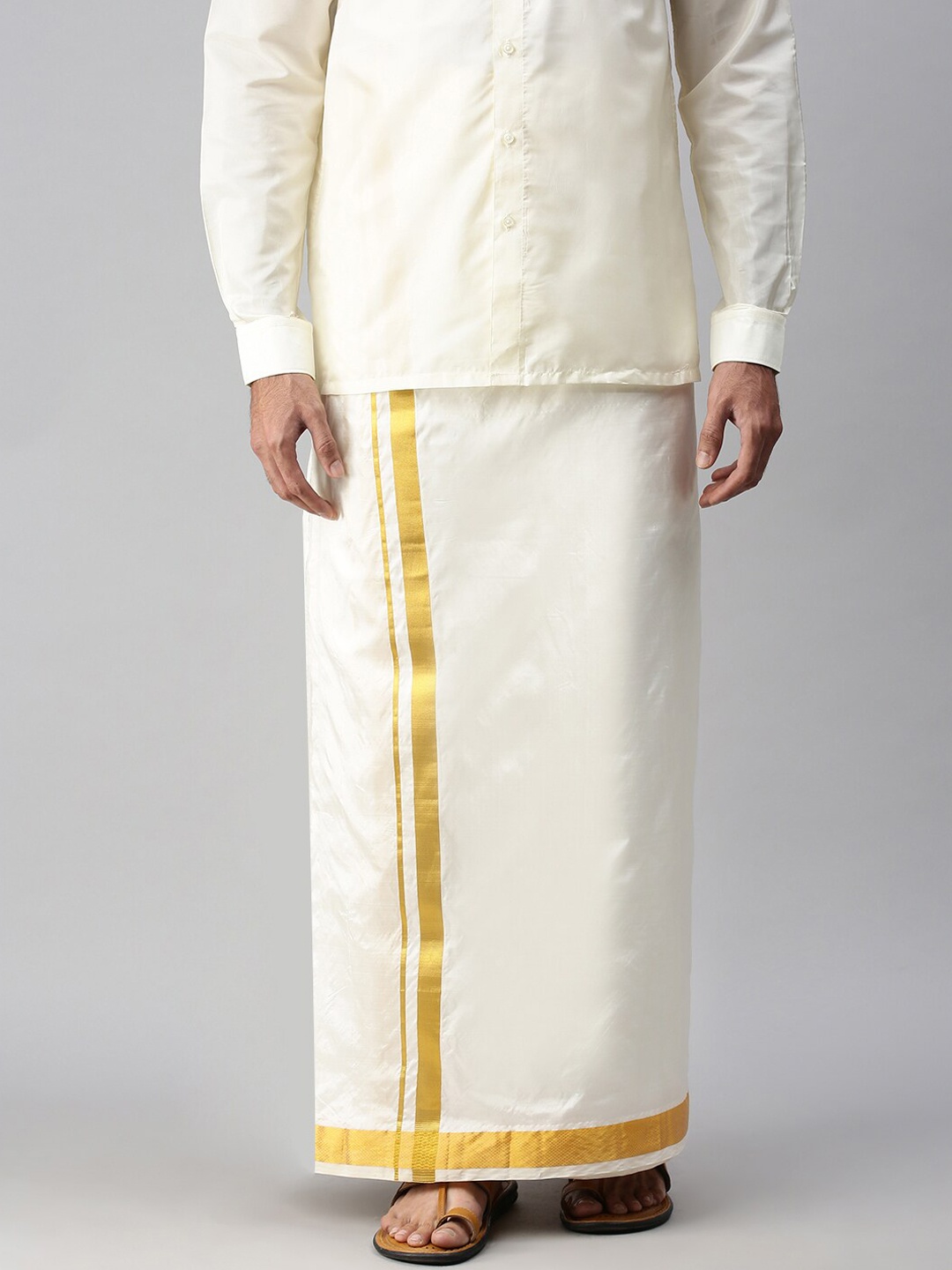 

Ramraj Men Pure Silk Double Layer Cream-Coloured Dhoti with Gold border