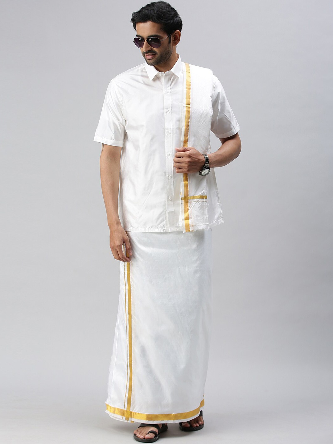 

Ramraj Mens Pure Silk White Dhoti with gold zari Border