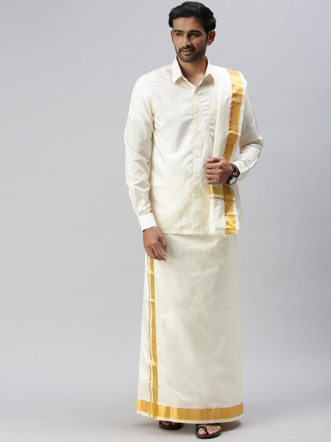 

Ramraj Mens Pure Silk Cream-Coloured Dhoti with gold zari Border