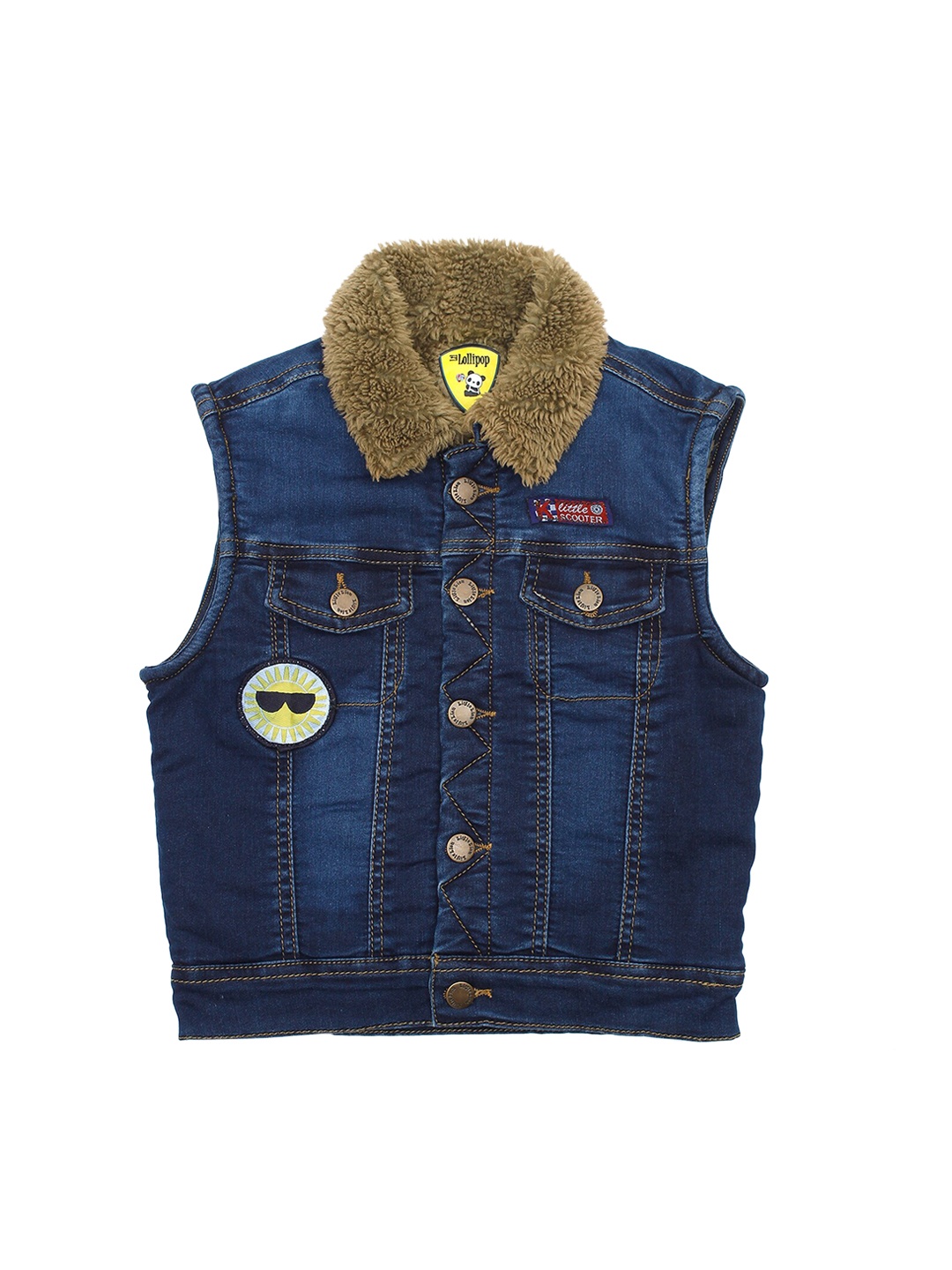 

Lil Lollipop Unisex Kids Blue Longline Denim Jacket with Patchwork