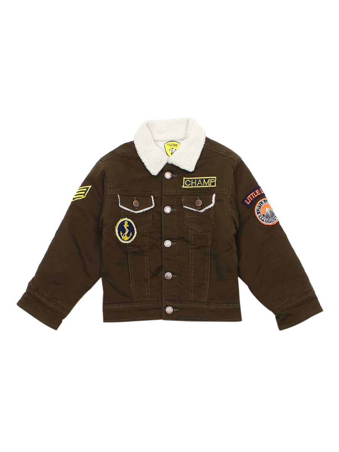 

Lil Lollipop Unisex Kids Olive Green Open Front Jacket with Patchwork