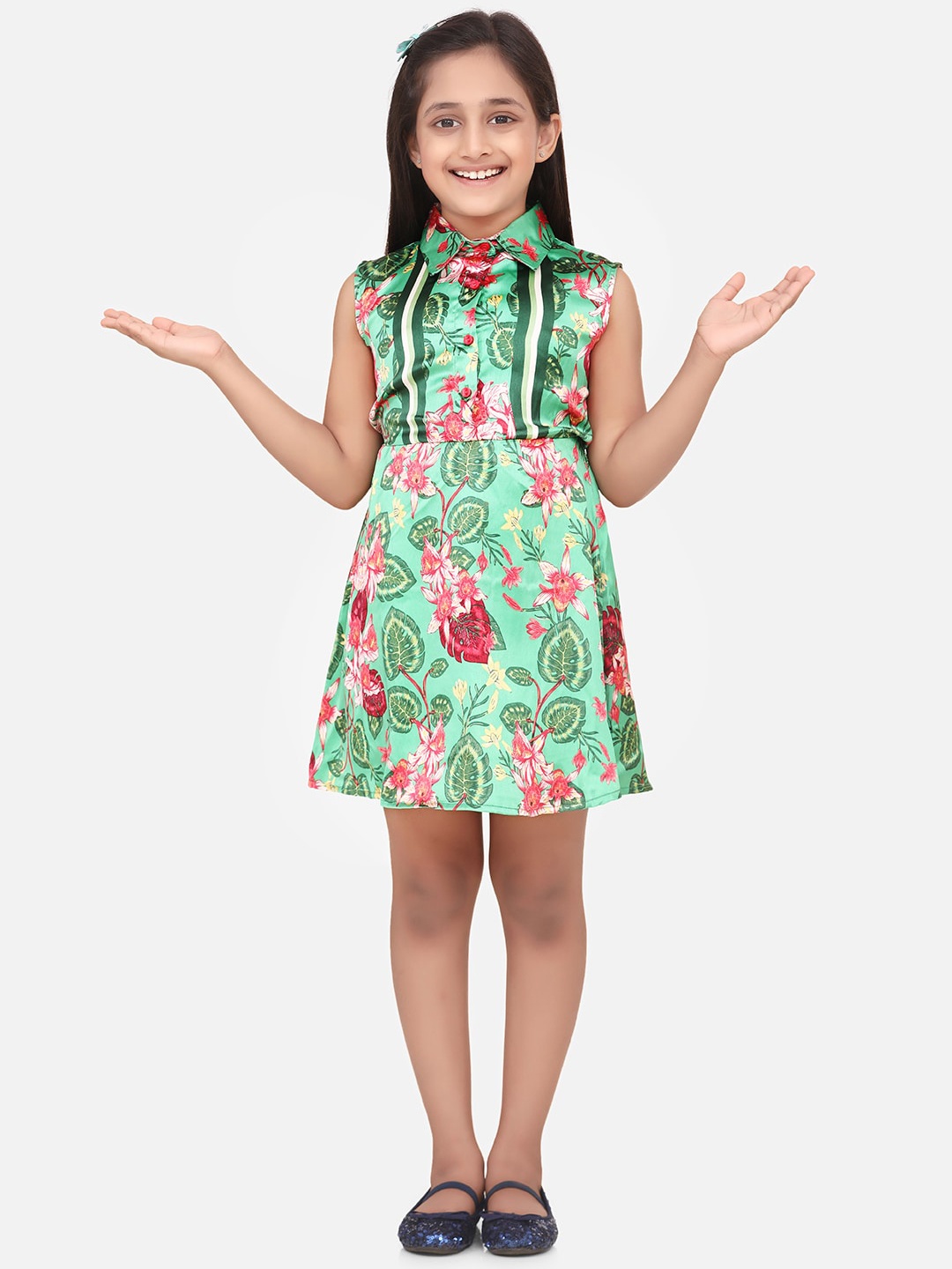 

StyleStone Girls Green & Pink Tropical Printed Satin Shirt Dress