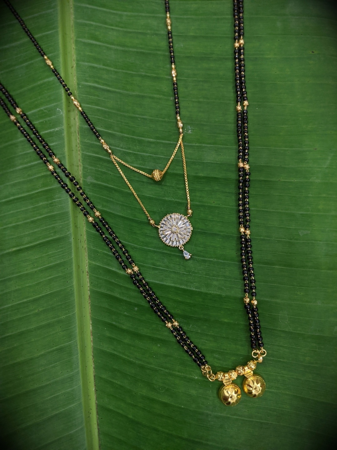 

Digital Dress Room Gold-Plated Black & White Stone-Studded Beaded Layered Mangalsutra