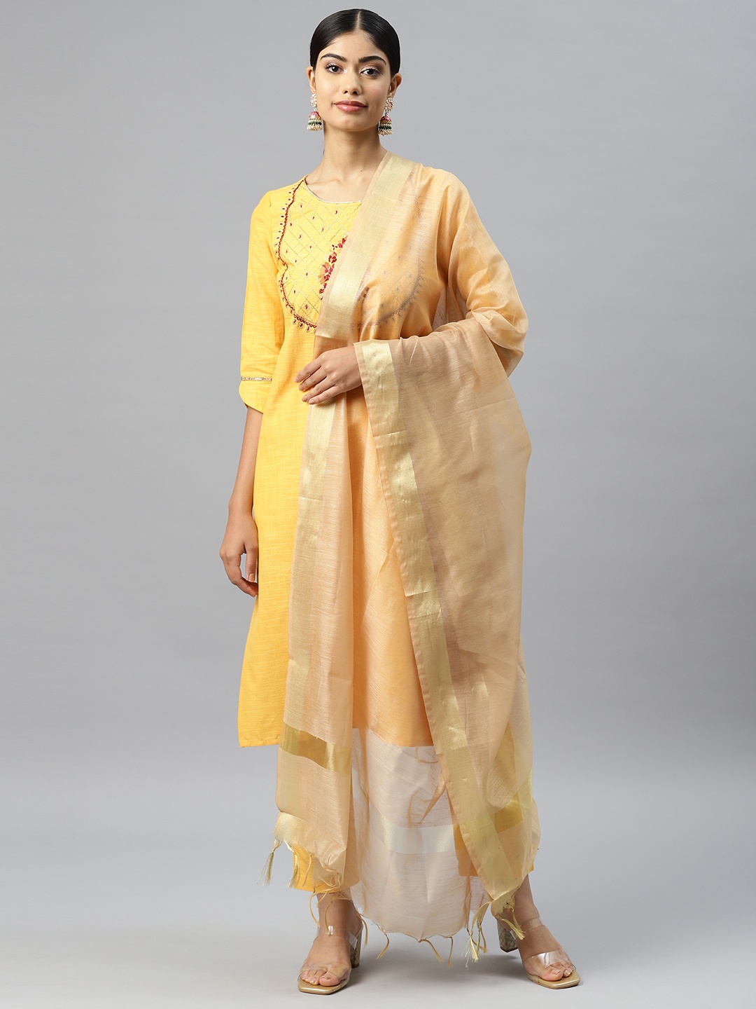 

AURELIA Women Yellow Ethnic Motifs Regular Thread Work Pure Cotton Kurta with Palazzos & With Dupatta