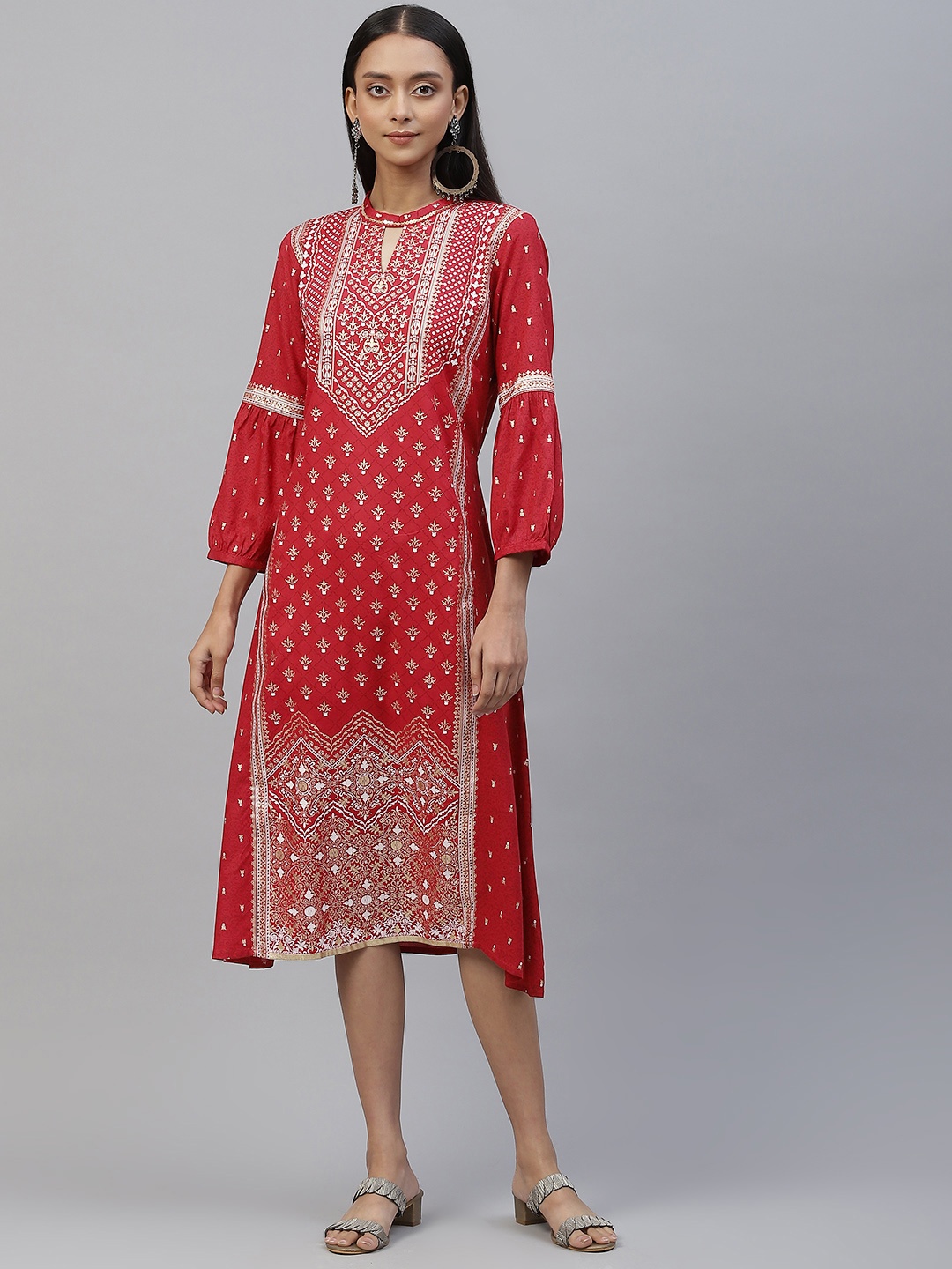 

AURELIA Women Ethnic Motifs A-Line Midi Ethnic Dress, Red