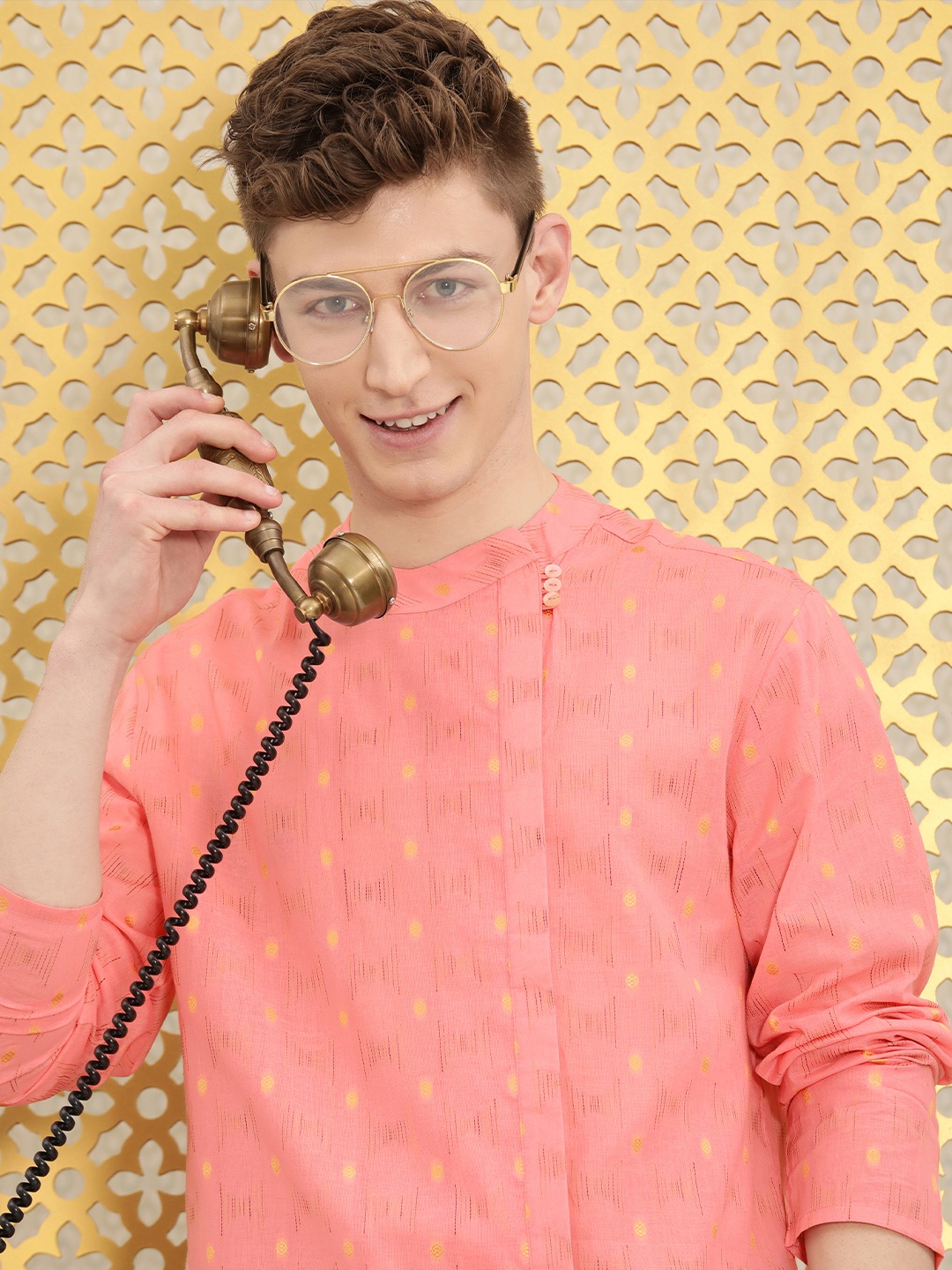 

Ode by House of Pataudi Men Peach-Coloured Woven Design Angrakha Rozana Kurta