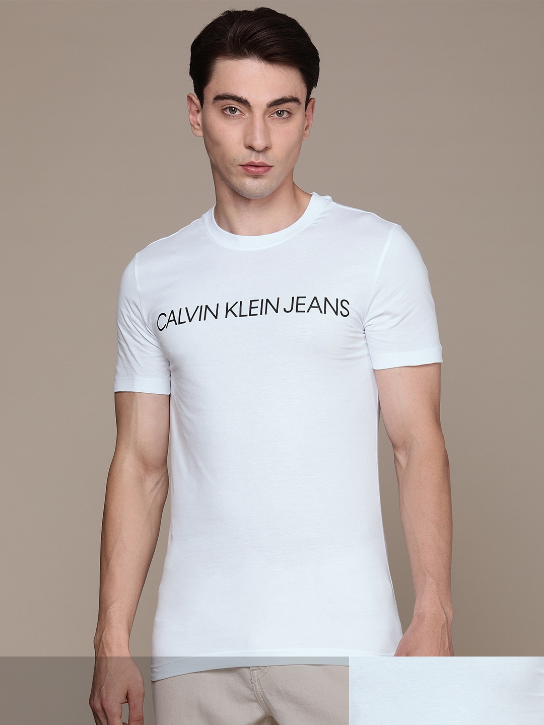 

Calvin Klein Jeans Men Set Of 2 White Brand Logo Printed Pure Cotton T-shirt