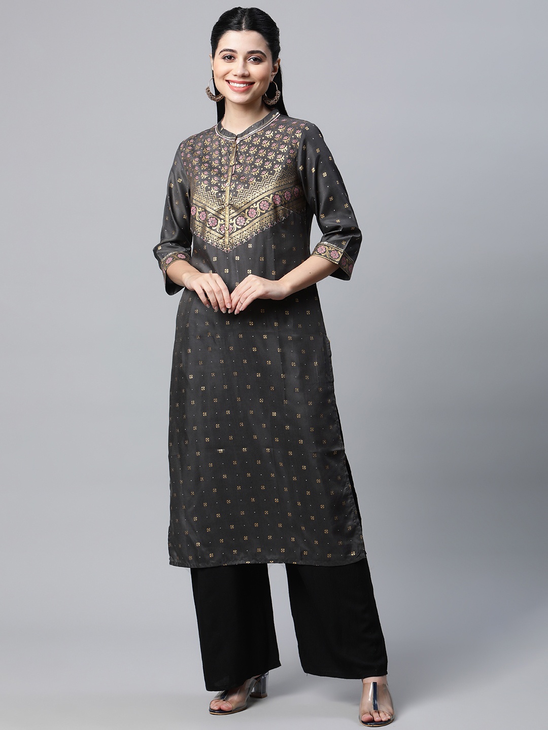 

AURELIA Women Charcoal Grey & Golden Floral Print Kurta