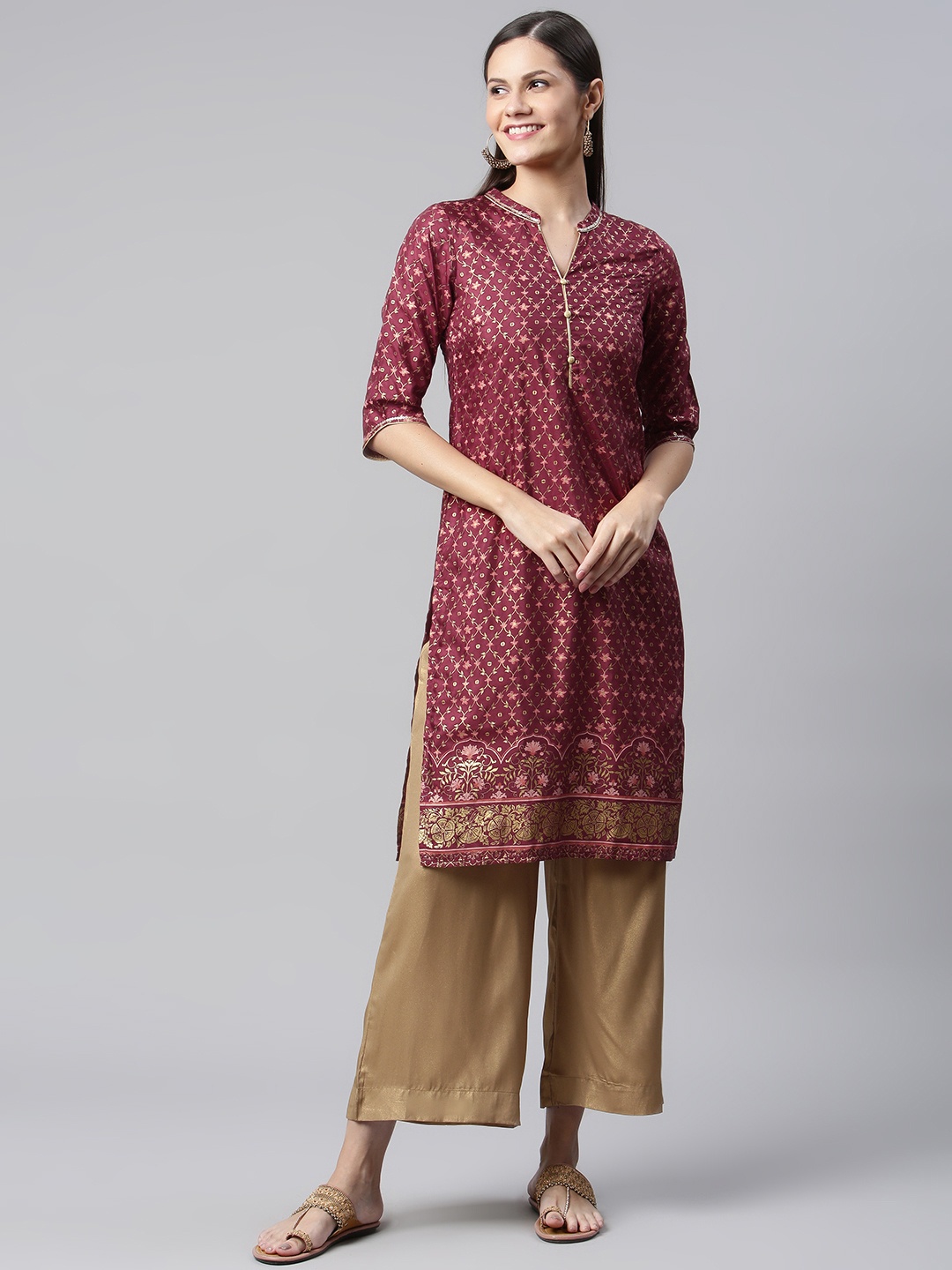 

AURELIA Women Maroon & Gold-Toned Ethnic Motifs Printed Kurta