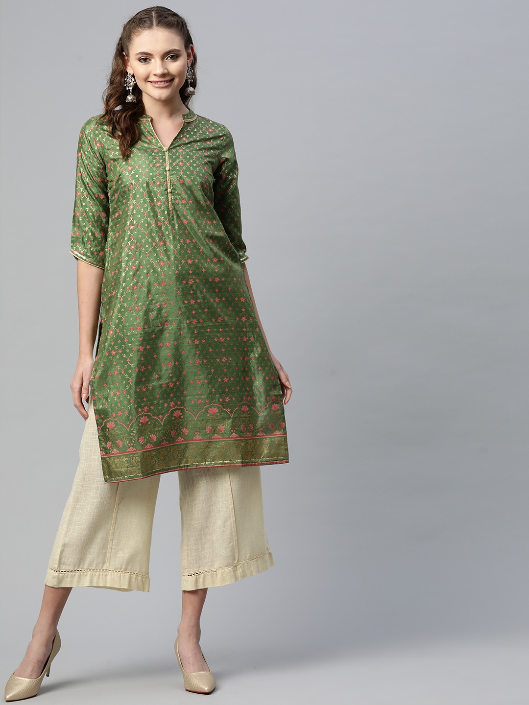 

AURELIA Women Green & Pink Ethnic Motifs Printed Kurta