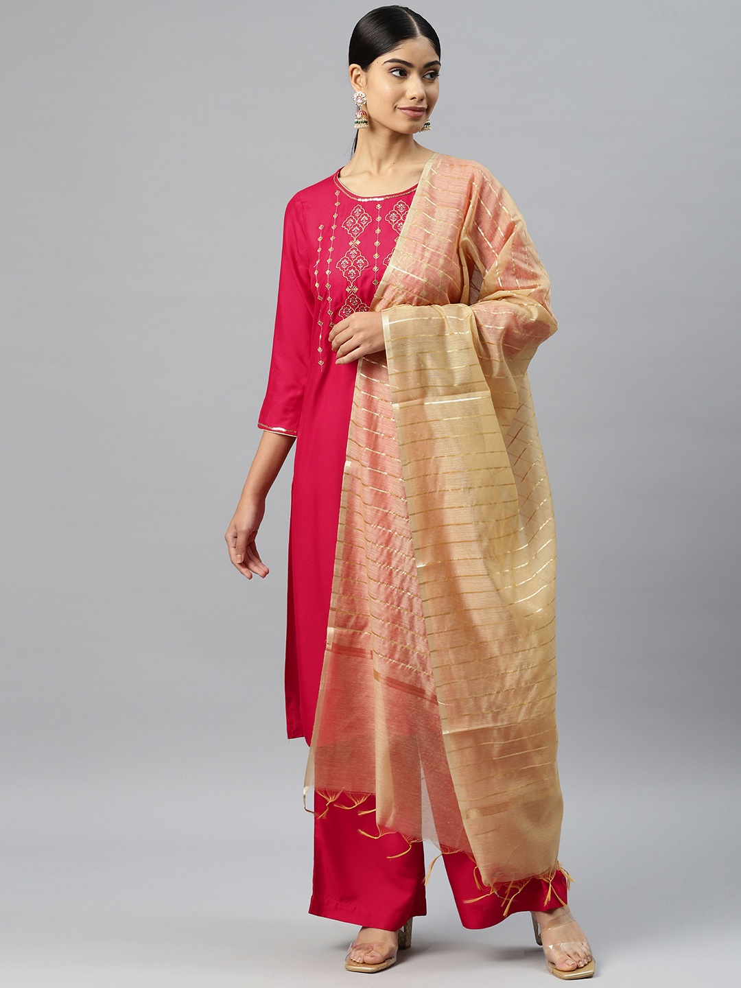 

AURELIA Zari Embroidered Straight Kurta with Palazzos & Dupatta, Pink