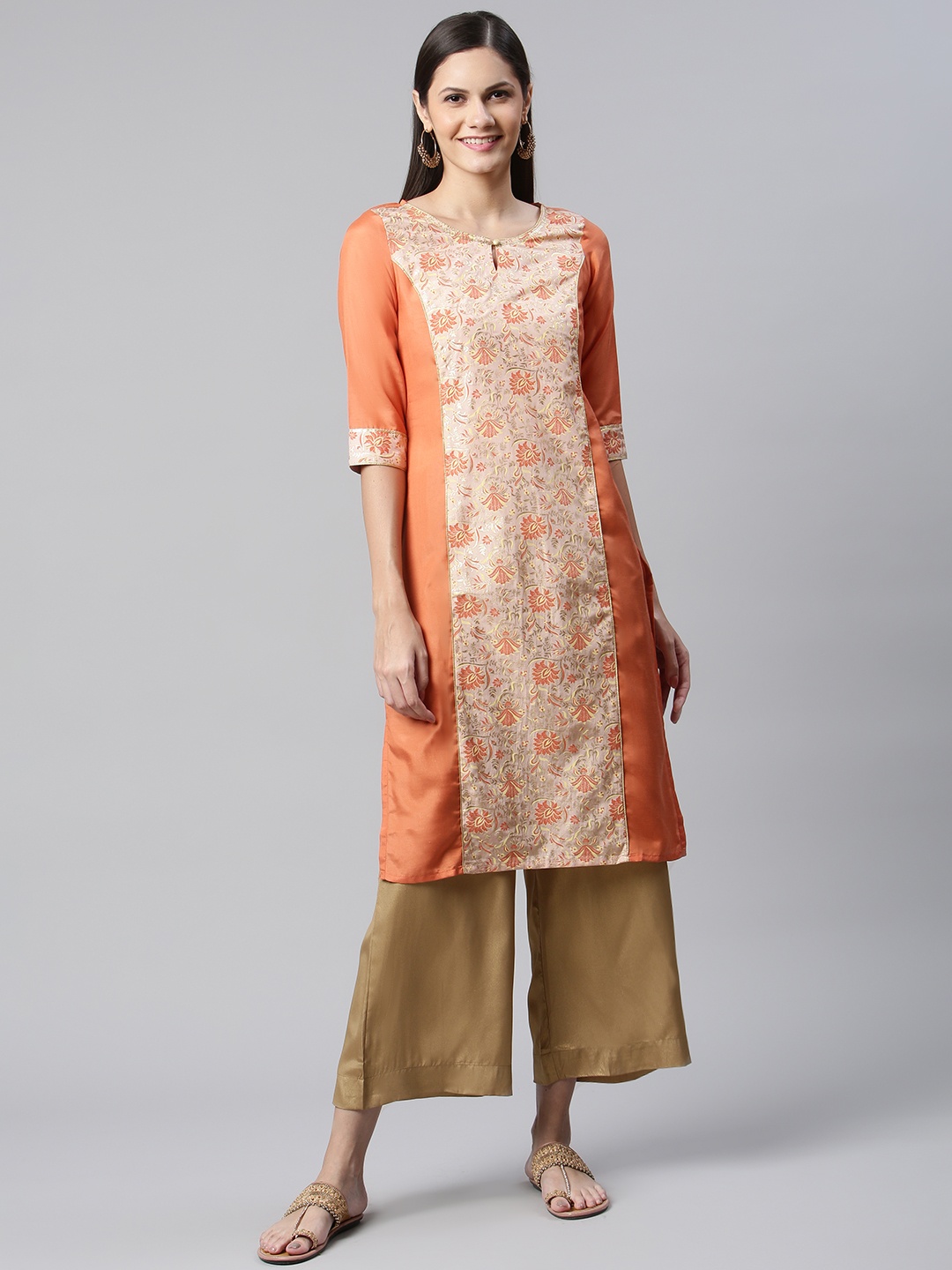 

AURELIA Women Orange & Beige Ethnic Motifs Printed Kurta