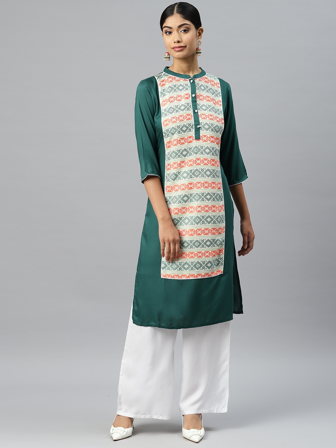 

AURELIA Ethnic Motifs Woven Designed Straight Kurta with Palazzos, Green