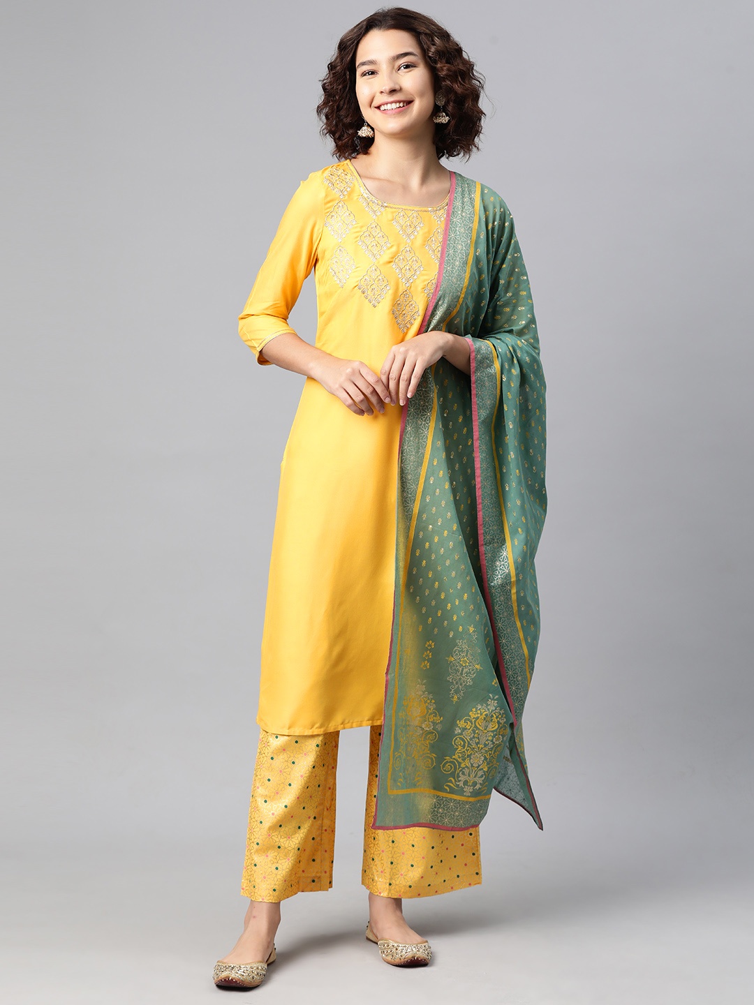 

AURELIA Yoke Design Sequinned Kurta with Palazzos & Dupatta, Mustard