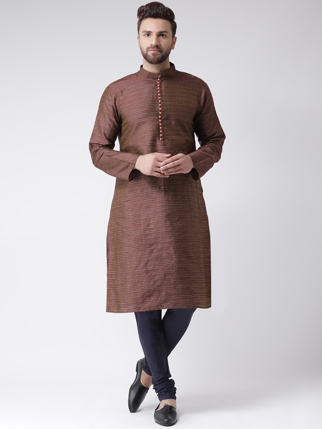 

Chitwan Mohan Men Burgundy Striped Regular Dupion Silk Kurta with Churidar