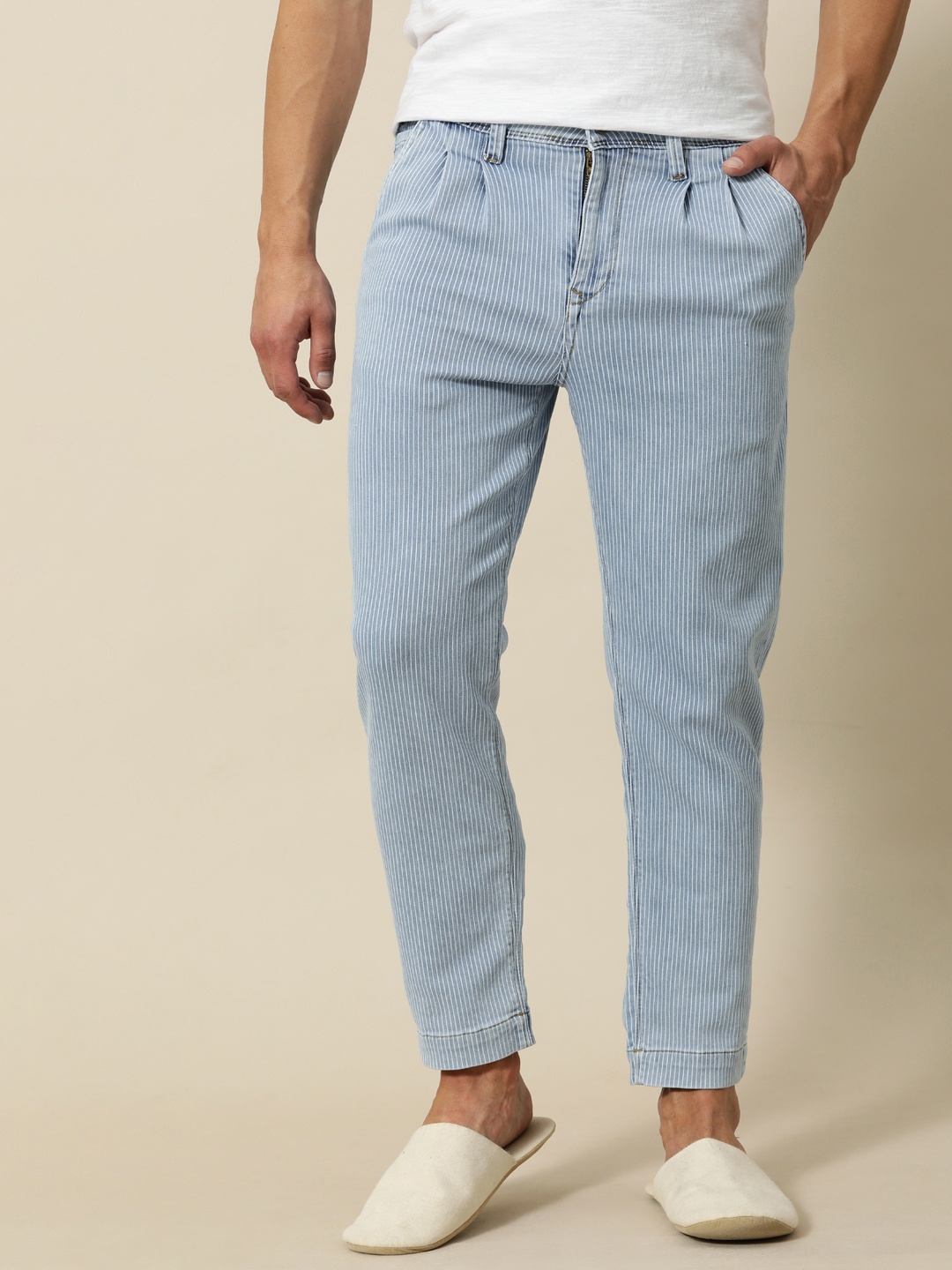 

Mr Bowerbird Men Blue & White Striped Tpaered Fit Stretchable Jeans