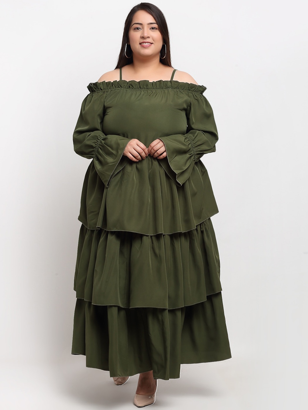 

Flambeur Olive Green Crepe Maxi Dress