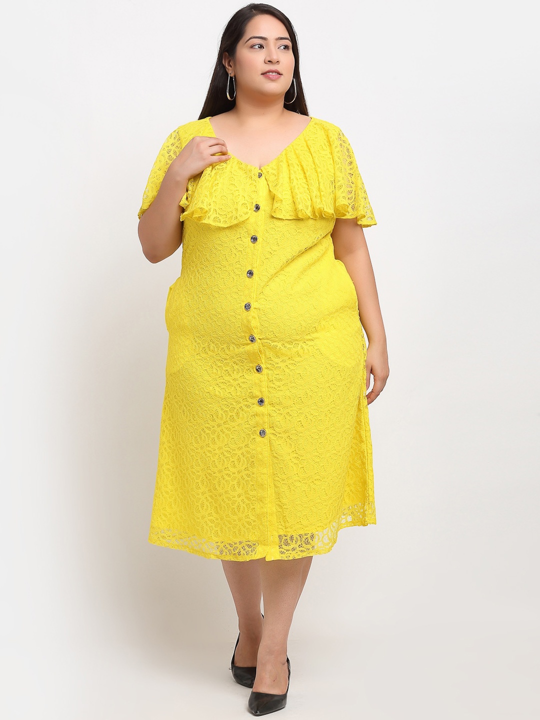 

Flambeur Yellow Net A-Line Midi Plus Size Dress