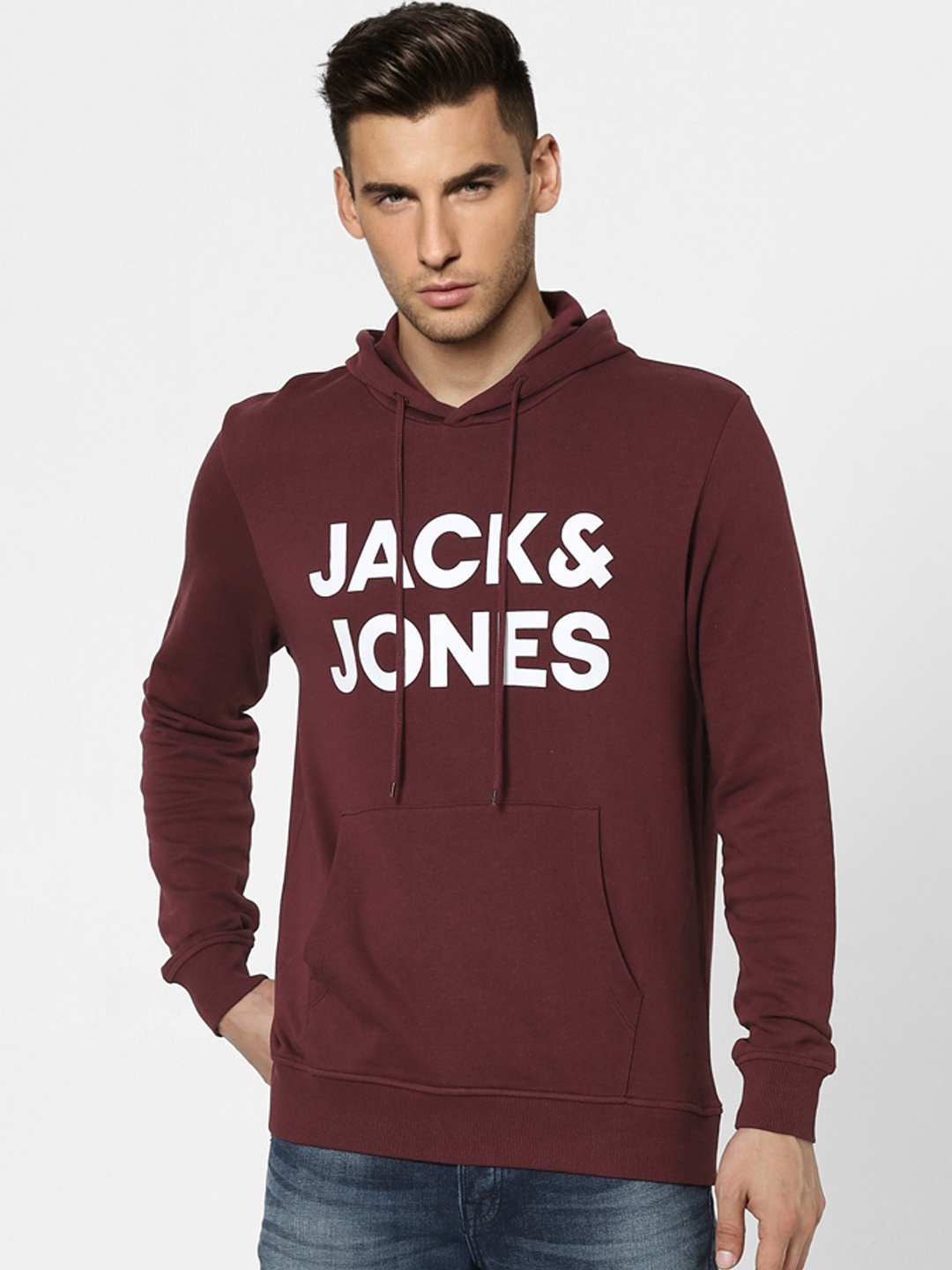 

Jack & Jones Men Maroon Printed Hooded Cotton Sweatshirt