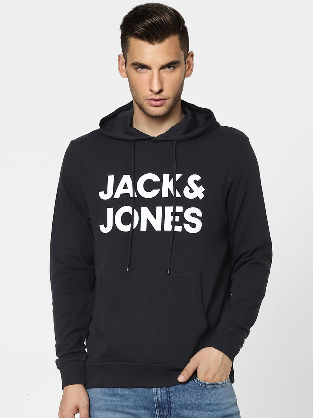 

Jack & Jones Men Black Printed Hooded Sweatshirt