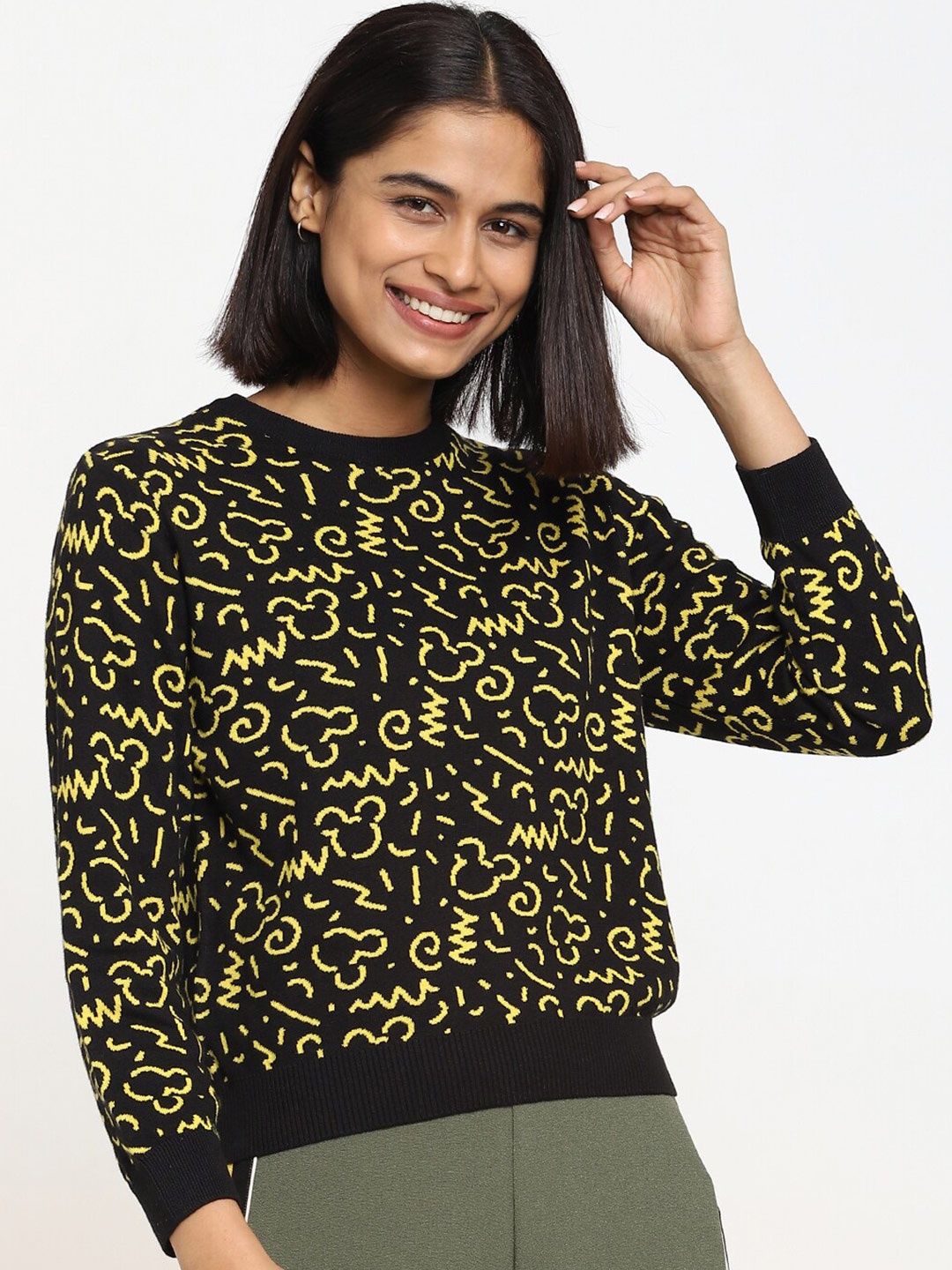 

Bewakoof Women Black & Yellow Printed Pullover