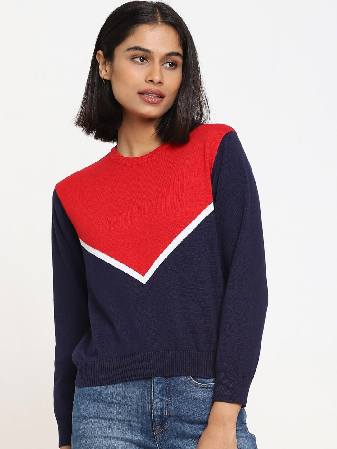 

Bewakoof Women Navy Blue & Red Colourblocked Pullover Sweater