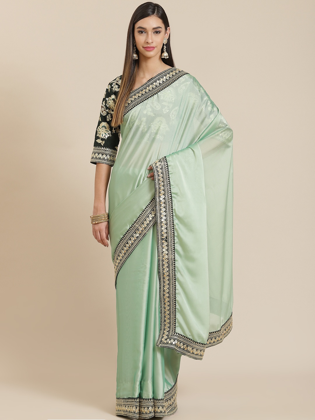 

Readiprint Fashions Mint Green Border Zari Work Organza Tussar Saree