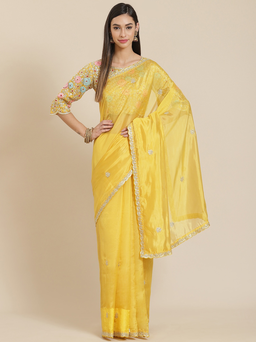 

Readiprint Fashions Yellow Floral Zari Work Organza Tussar Saree