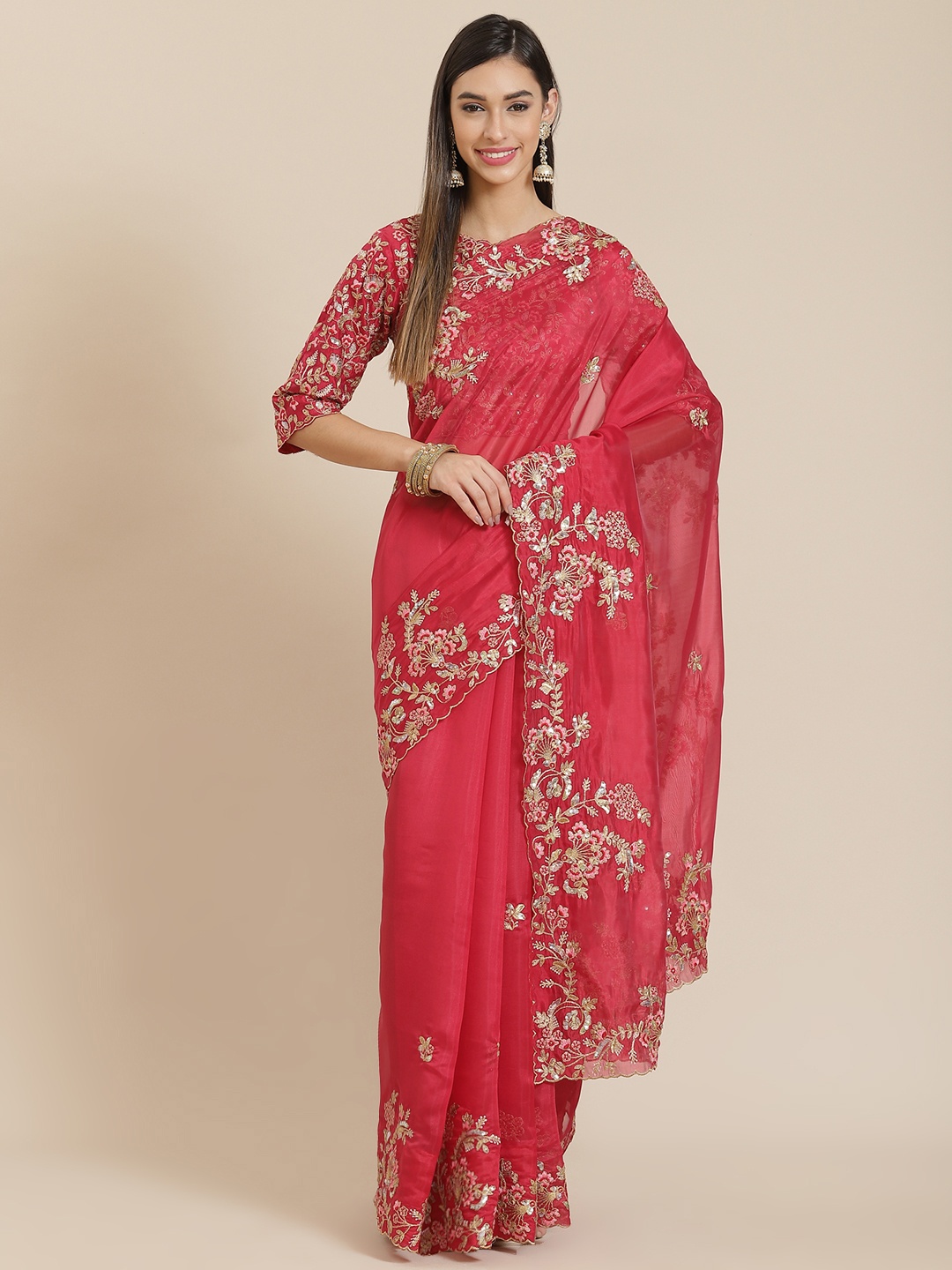 

Readiprint Fashions Red Embellished Sequinned Organza Tussar Saree