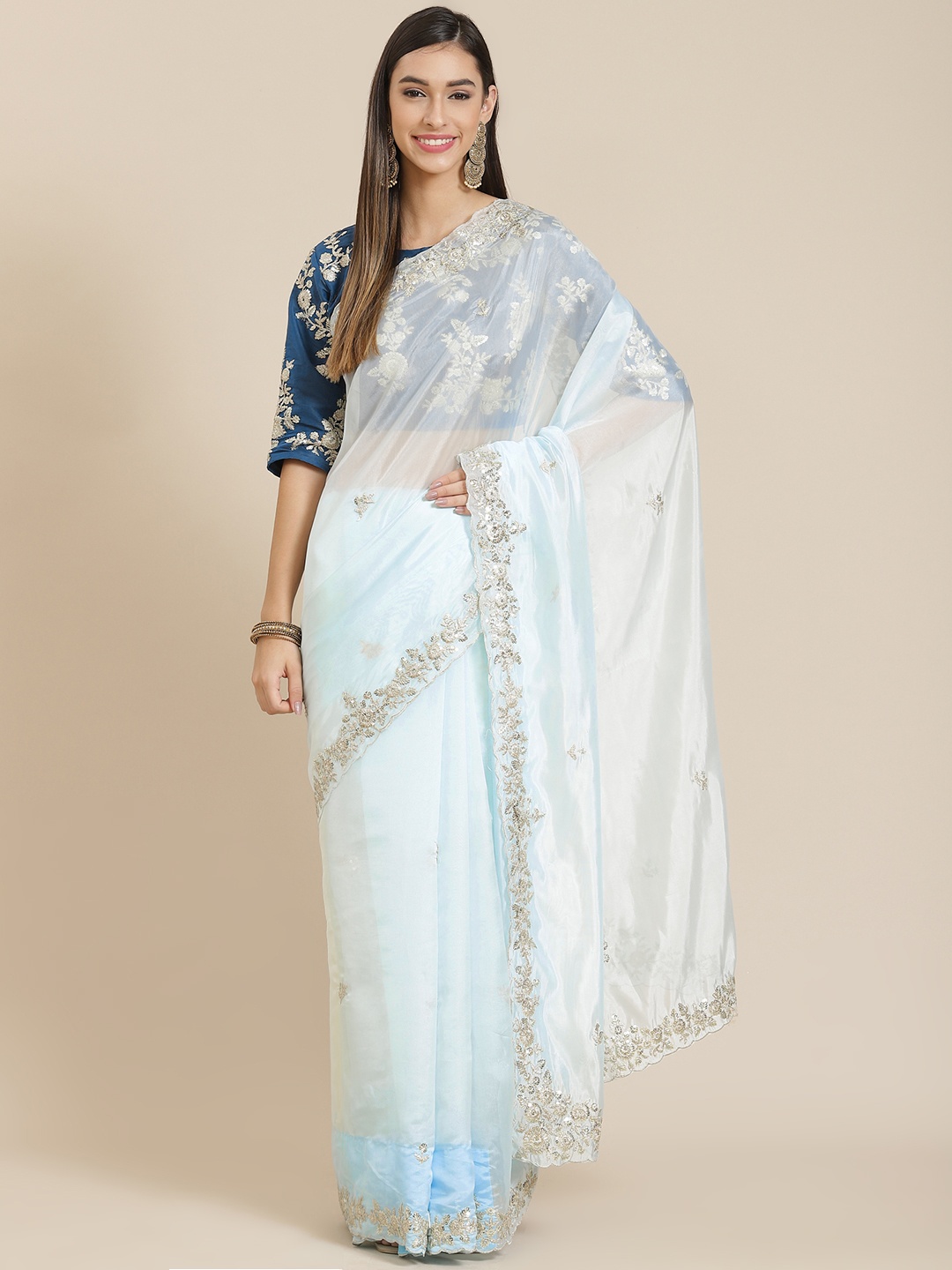 

Readiprint Fashions Blue Floral Embroidered Sequinned Organza Silk Tussar Saree