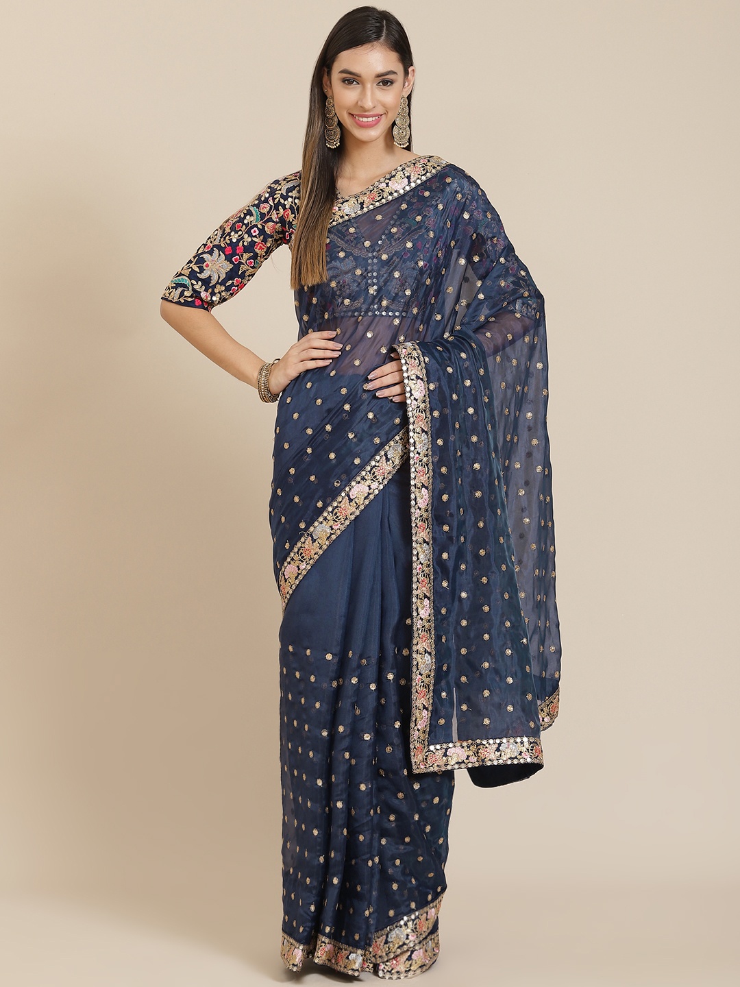 

Readiprint Fashions Navy Blue Ethnic Motifs Embroidered Zari Organza Tussar Silk Saree