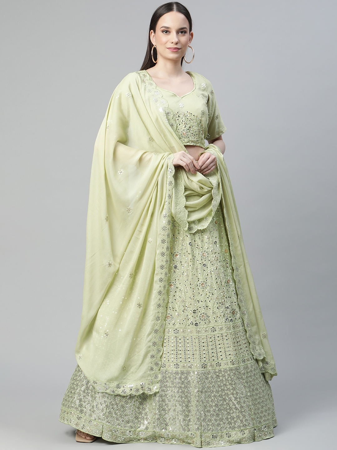 

Readiprint Fashions Green Embroidered Sequinned Semi-Stitched Lehenga & Unstitched Blouse With Dupatta