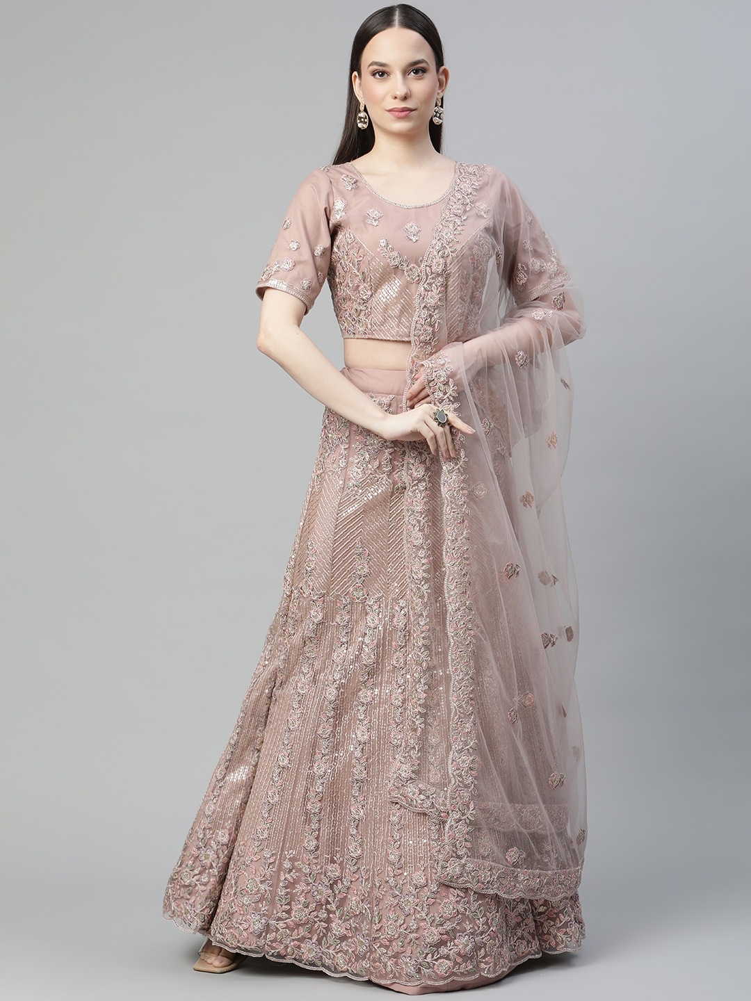 

Readiprint Fashions Mauve Embroidered Sequinned Semi-Stitched Lehenga & Unstitched Blouse With Dupatta