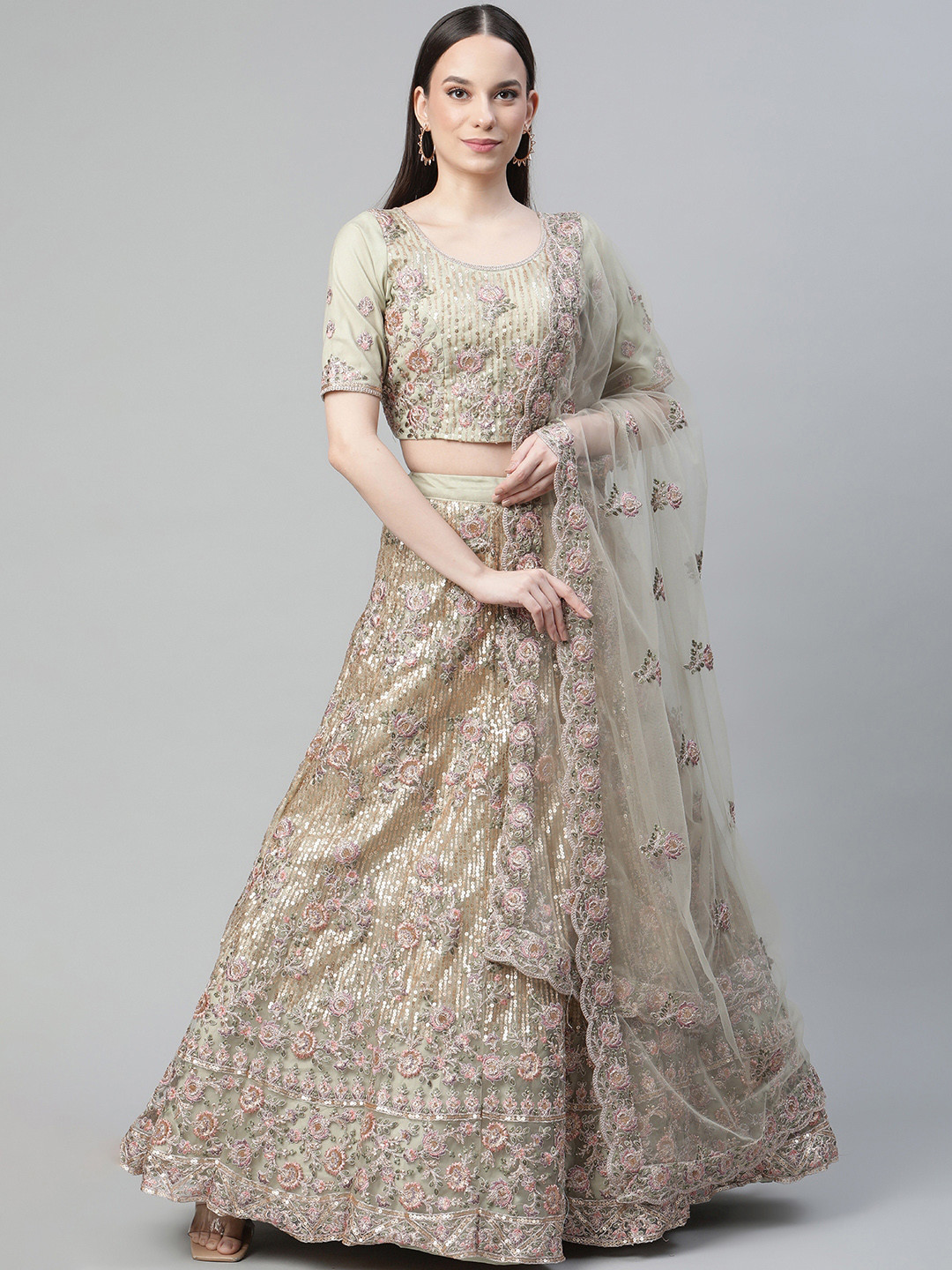 

Readiprint Fashions Green Embroidered Sequinned Semi-Stitched Lehenga & Unstitched Blouse With Dupatta
