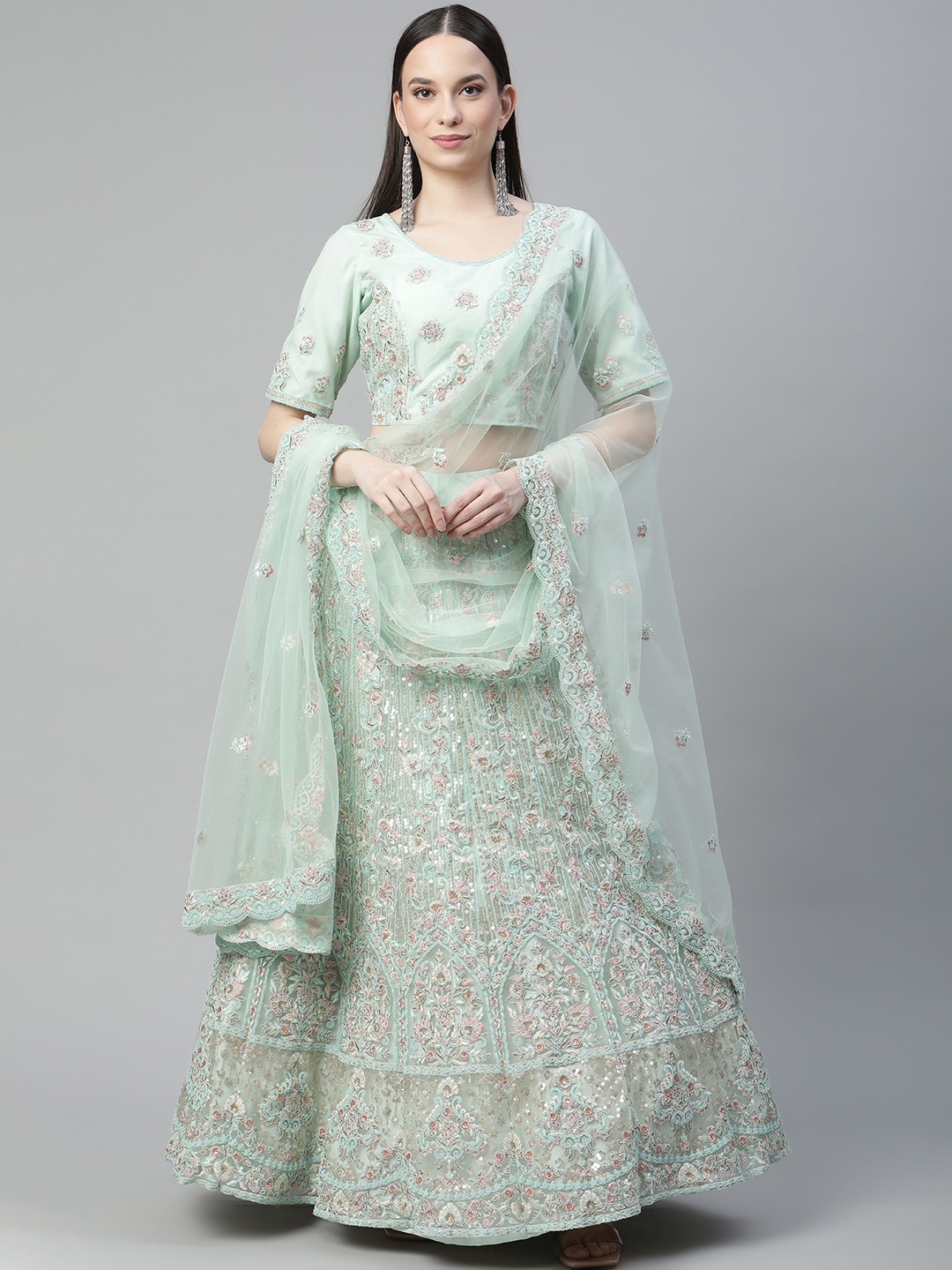 

Readiprint Fashions Green Embroidered Sequinned Semi-Stitched Lehenga & Unstitched Blouse With Dupatta