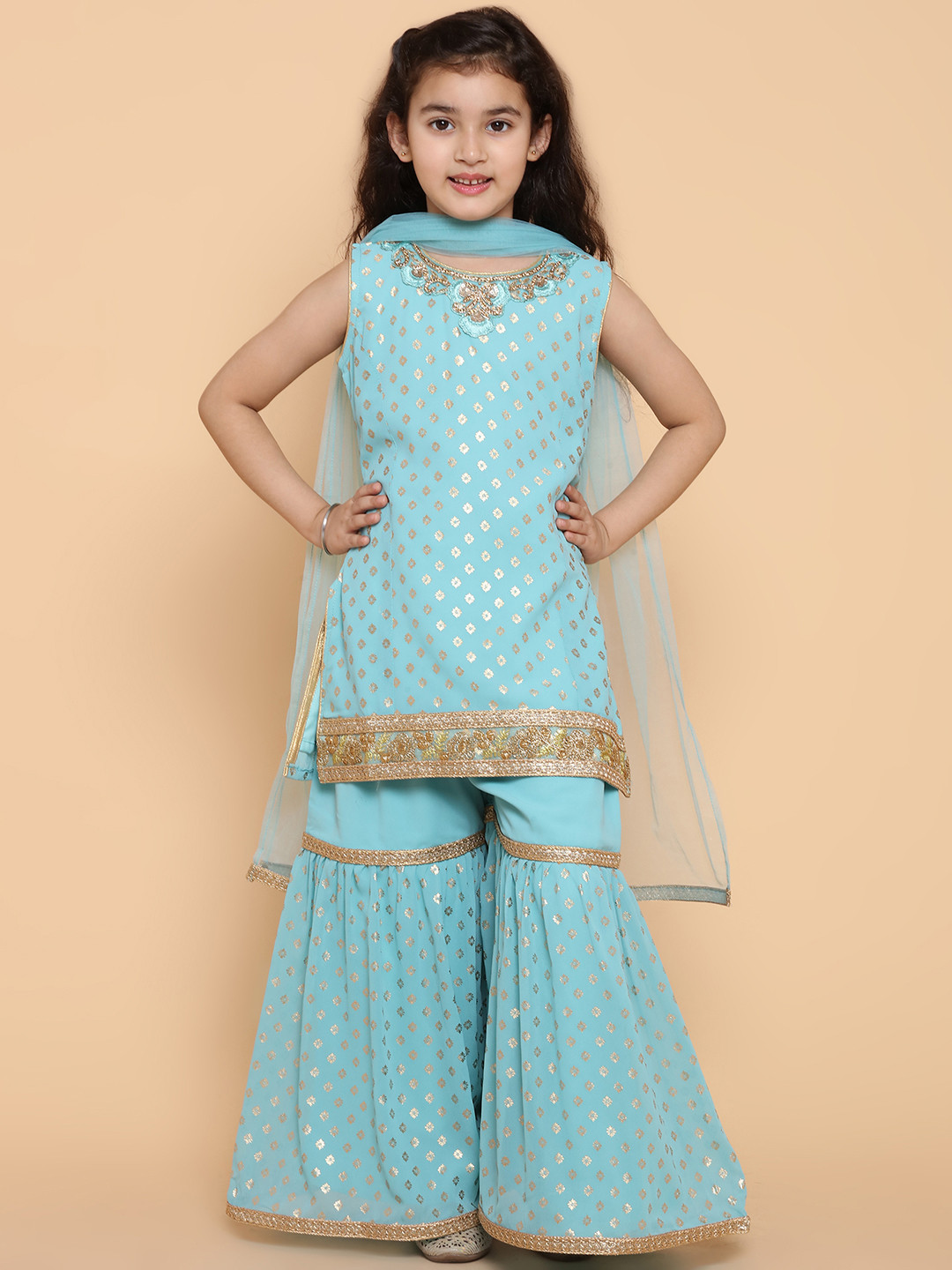 ADIVA Girls Turquoise Blue Foil Printed Regular Kurti with Sharara
