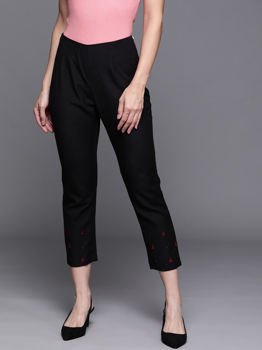 

PINKSKY Women Black Embroidered Smart Slim Fit Trousers