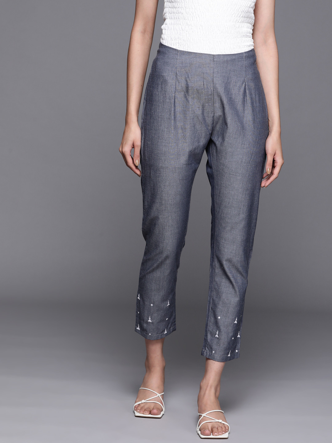 

PINKSKY Women Blue Embroidered Smart Slim Fit Chambray Trousers
