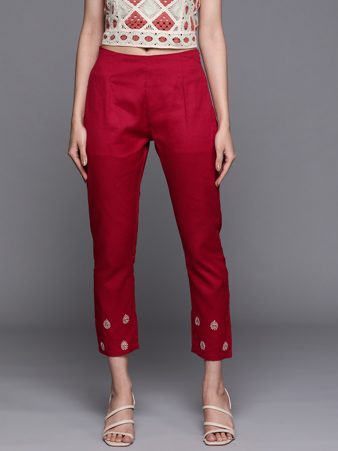 

PINKSKY Women Red Embroidered Smart Slim Fit Trousers
