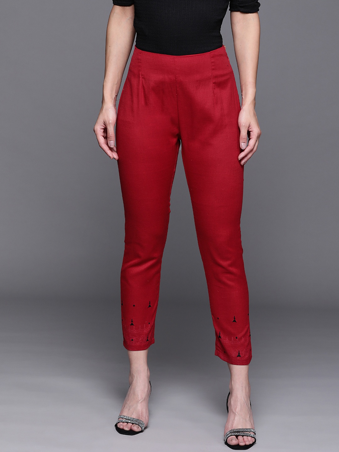 

PINKSKY Women Red Embroidered Smart Slim Fit Trousers